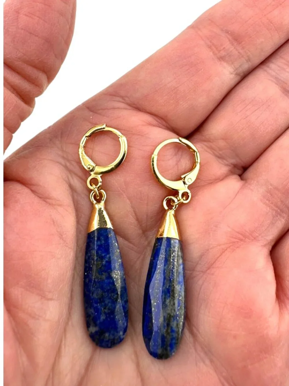 Lapis Lazuli Earrings 18K Gold Filled Hoops Faceted Blue Gemstone Drops - Picture 4 of 10